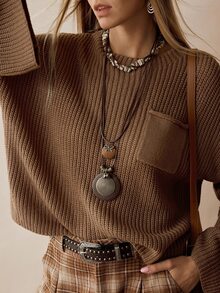 Florisole Women's Vintage Bohemian Ribbed Knit Minimalist Sweater, Autumn/Winter - Khaki - View 6