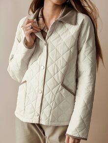 Florisole Women's Casual Elegant Patchwork Contrast Color Quilted Diamond Pattern Padded Coat - Apricot - View 5