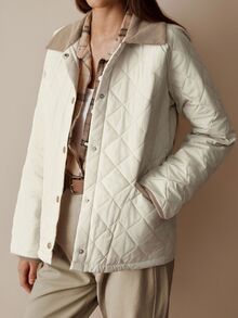 Florisole Women's Casual Elegant Patchwork Contrast Color Quilted Diamond Pattern Padded Coat - Apricot - View 3