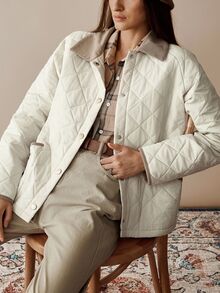 Florisole Women's Casual Elegant Patchwork Contrast Color Quilted Diamond Pattern Padded Coat - Apricot - View 4