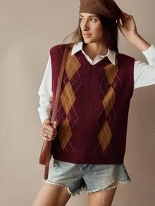 Florisole Women's Autumn/Winter Bohemian Argyle Knitted Vest - Burgundy - View 1