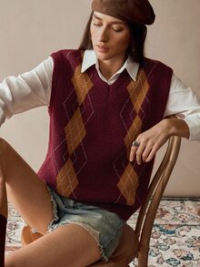 Florisole Women's Autumn/Winter Bohemian Argyle Knitted Vest - Burgundy - View 3