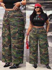 Slaydiva Plus Size Women High Waist Loose Cargo Big Pocket Camouflage Print Denim Jeans - Green - View 1