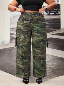 Slaydiva Plus Size Women High Waist Loose Cargo Big Pocket Camouflage Print Denim Jeans - Green - View 7