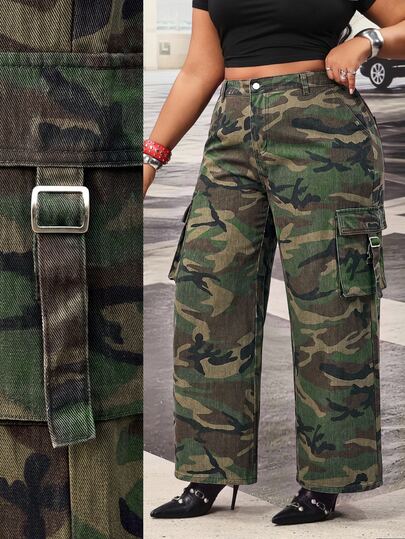 Slaydiva Plus Size Women High Waist Loose Cargo Big Pocket Camouflage Print Denim Jeans