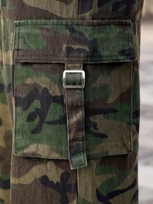 Slaydiva Plus Size Women High Waist Loose Cargo Big Pocket Camouflage Print Denim Jeans - Green - View 6