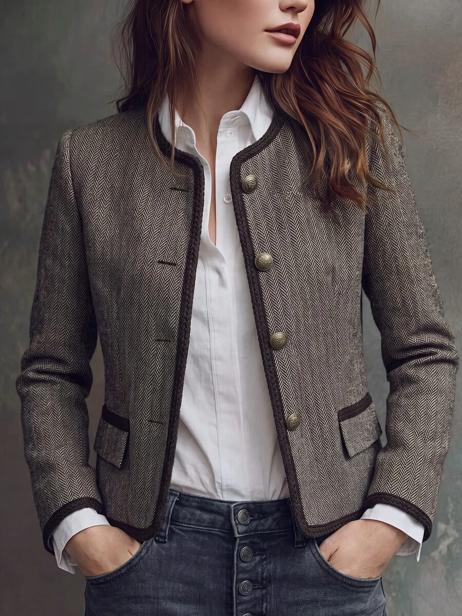 LUMIGAL Women's Casual Commuter Contrast Trim Button Coats, Autumn/Winter - Coffee Brown - View 1