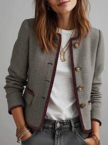 LUMIGAL Women's Casual Commuter Contrast Trim Button Coats, Autumn/Winter - Coffee Brown - View 8