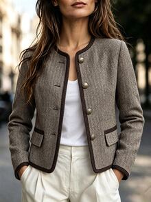 LUMIGAL Women's Casual Commuter Contrast Trim Button Coats, Autumn/Winter - Coffee Brown - View 3