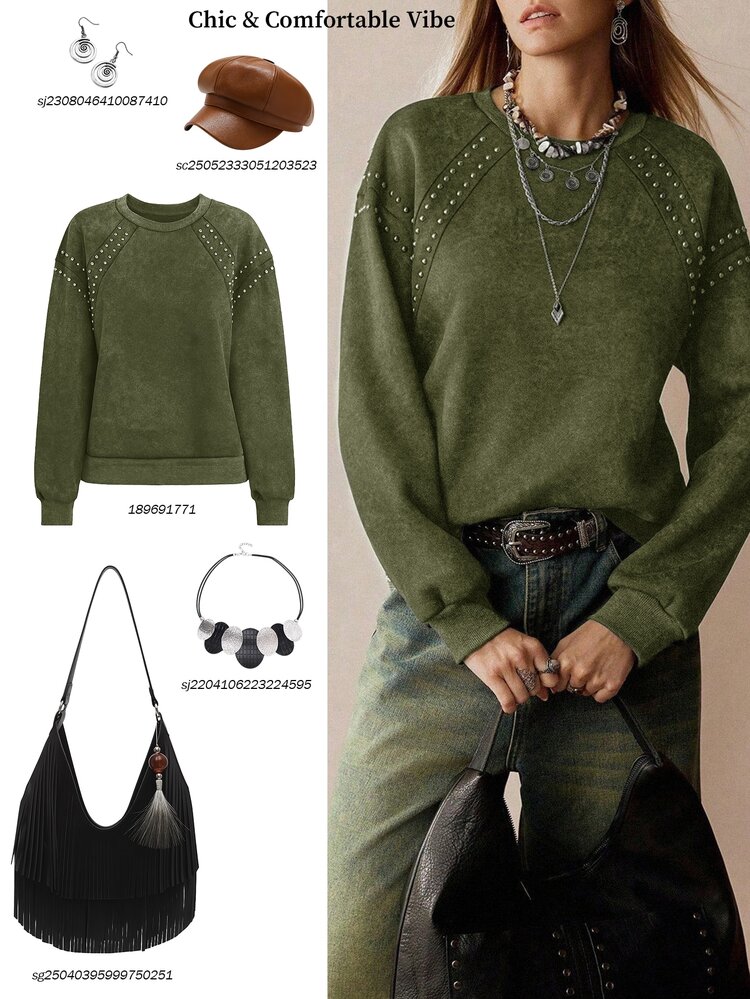 Florisole Women's Elegant Casual Studded Faux Distressed Print Sweatshirt - Army Green - View 3