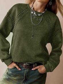 Florisole Women's Elegant Casual Studded Faux Distressed Print Sweatshirt - Army Green - View 2