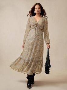 Florisole Women's Elegant Casual Paisley Floral Ruffle Hem Long Sleeve Waist Cinched Dress - Multicolor - View 3