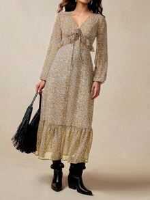 Florisole Women's Elegant Casual Paisley Floral Ruffle Hem Long Sleeve Waist Cinched Dress - Multicolor - View 5