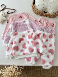 SHEIN Kids 2pcs Fuzzy Cherry Print Long Sleeve & Long Autumn Winter Pants Set - Pink - View 2
