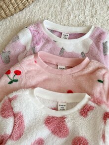 SHEIN Kids 2pcs Fuzzy Cherry Print Long Sleeve & Long Autumn Winter Pants Set - Pink - View 3
