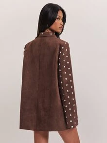 SHEIN BAE Blazer Oversized Suede Cokelat Wanita dengan Detail Kancing Logam untuk Musim Gugur, Pesta Liburan, Thanksgiving, Natal, Kasual, Kerja dan Kantor - Coklat - View 2