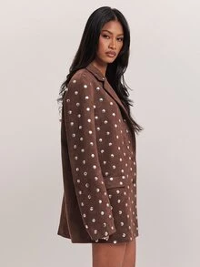 SHEIN BAE Blazer Oversized Suede Cokelat Wanita dengan Detail Kancing Logam untuk Musim Gugur, Pesta Liburan, Thanksgiving, Natal, Kasual, Kerja dan Kantor - Coklat - View 6