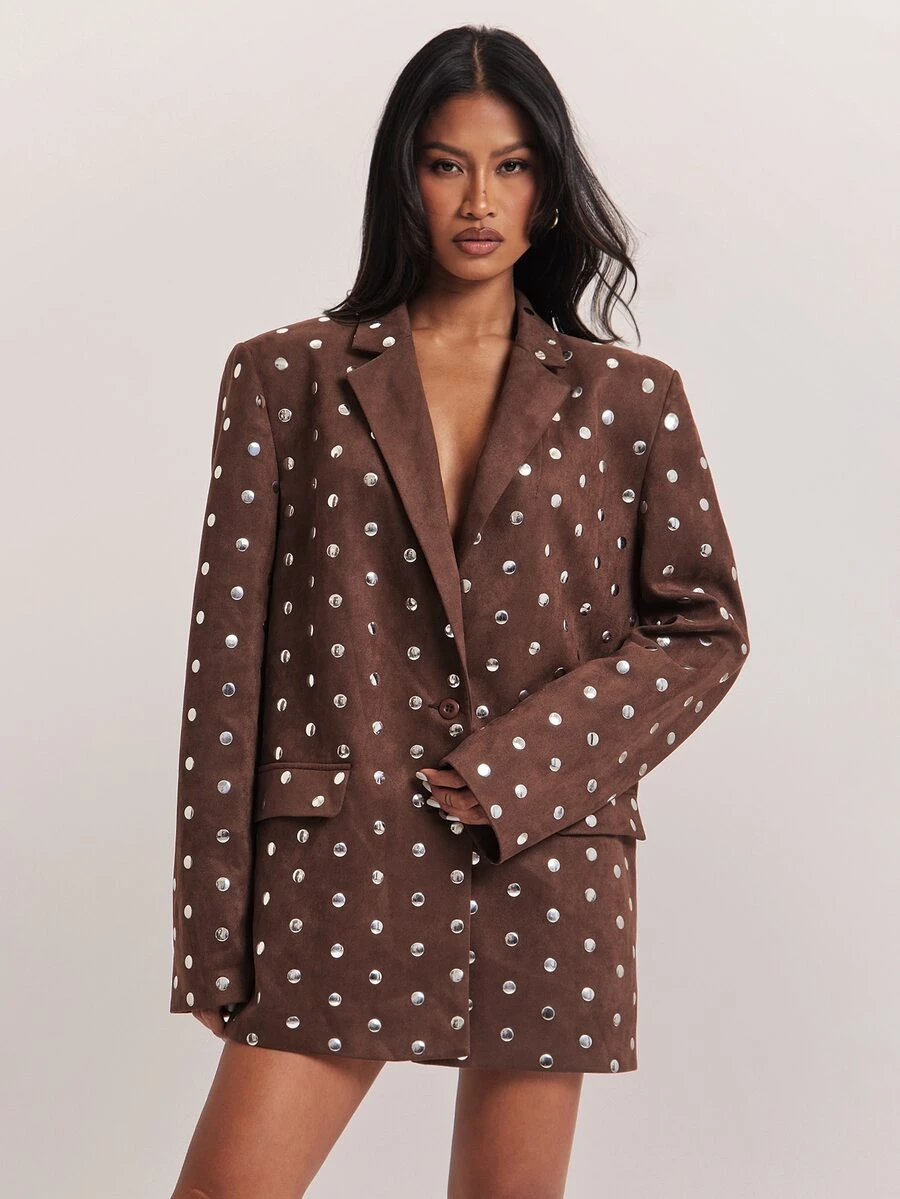 SHEIN BAE Blazer Oversized Suede Cokelat Wanita dengan Detail Kancing Logam untuk Musim Gugur, Pesta Liburan, Thanksgiving, Natal, Kasual, Kerja dan Kantor - Coklat - View 1