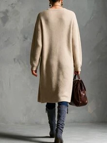 Breezaya Women's Autumn/Winter Asymmetric Button Knit Long Loose Drop Shoulder Front Slit Sweater Everyday Travel Khaki Casual Elegant - Grey - View 2