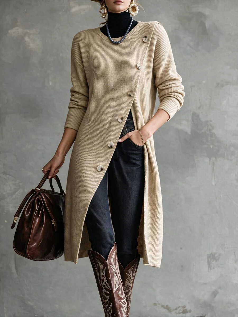 Breezaya Women's Autumn/Winter Asymmetric Button Knit Long Loose Drop Shoulder Front Slit Sweater Everyday Travel Khaki Casual Elegant - Grey - View 1