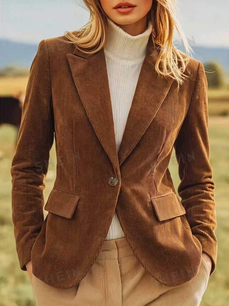 EMERY ROSE Autumn/Winter Corduroy Blazer Jacket Office Corporate Business Elegant Shades Of Brown Casual - Brown - View 1