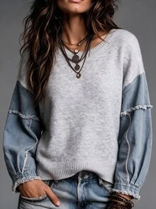 Elouméa Retro Early Autumn Niche Mix-And-Match Knit Top: Light Gray Round-Neck Drop-Shoulder Knit Lantern Sleeve Frayed Loose Short Women's Sweater - Light Grey - View 5