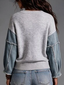 Elouméa Retro Early Autumn Niche Mix-And-Match Knit Top: Light Gray Round-Neck Drop-Shoulder Knit Lantern Sleeve Frayed Loose Short Women's Sweater - Light Grey - View 3