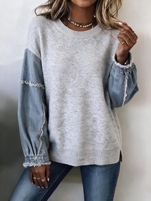 Elouméa Retro Early Autumn Niche Mix-And-Match Knit Top: Light Gray Round-Neck Drop-Shoulder Knit Lantern Sleeve Frayed Loose Short Women's Sweater - Light Grey - View 4
