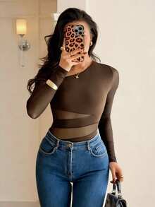 SHEIN Raffinéa Elegant Fitted Sexy Oblique Collar Mesh Patchwork Long Sleeve Black Bodysuit, Autumn/Winter - Coffee Brown - View 3