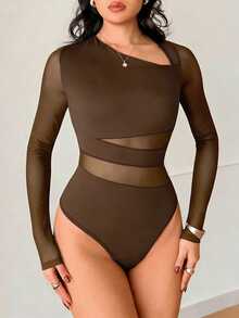 SHEIN Raffinéa Elegant Fitted Sexy Oblique Collar Mesh Patchwork Long Sleeve Black Bodysuit, Autumn/Winter - Coffee Brown - View 5