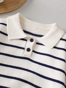 SHEIN Playful Pals Young Boys Sweater With Turn-Down Collar, Long Sleeve, Striped Color Block Design, Suitable For Spring, Autumn, Winter, Autumn/Winter Seasons - Beige - View 6