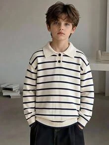 SHEIN Playful Pals Young Boys Sweater With Turn-Down Collar, Long Sleeve, Striped Color Block Design, Suitable For Spring, Autumn, Winter, Autumn/Winter Seasons - Beige - View 10