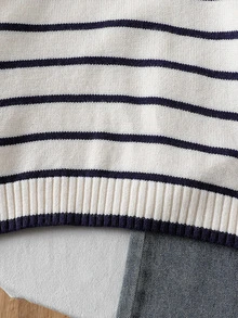 SHEIN Playful Pals Young Boys Sweater With Turn-Down Collar, Long Sleeve, Striped Color Block Design, Suitable For Spring, Autumn, Winter, Autumn/Winter Seasons - Beige - View 7