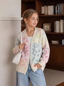 SHEIN 少女漸層花卉提花落肩燈籠袖開襟衫 優雅可愛 鮮豔柔軟 休閒日常穿著 校園正式 米色 秋季 - 彩色 - 查看 1