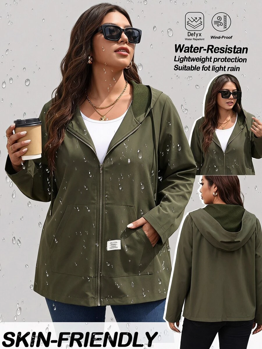 Reflora Plus Size Women's Long Sleeve Zipper Front Hooded Jacket Fall - Army Green - View 1