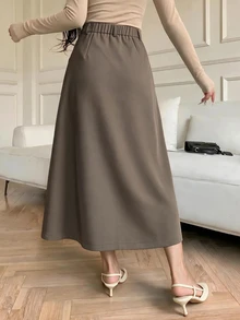 Heiryn Rok Polos Elegan untuk Wanita, Cocok untuk Perjalanan Sehari-hari - Khaki - View 2
