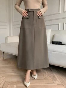 Heiryn Rok Polos Elegan untuk Wanita, Cocok untuk Perjalanan Sehari-hari - Khaki - View 4
