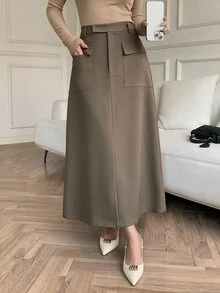 Heiryn Rok Polos Elegan untuk Wanita, Cocok untuk Perjalanan Sehari-hari - Khaki - View 3