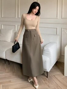Heiryn Rok Polos Elegan untuk Wanita, Cocok untuk Perjalanan Sehari-hari - Khaki - View 6
