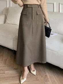 Heiryn Rok Polos Elegan untuk Wanita, Cocok untuk Perjalanan Sehari-hari - Khaki - View 1