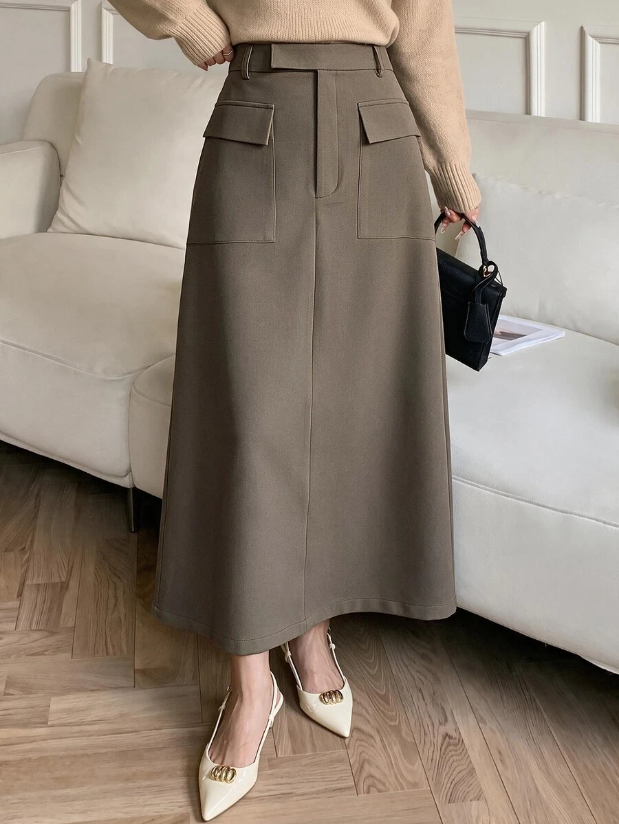 Heiryn Rok Polos Elegan untuk Wanita, Cocok untuk Perjalanan Sehari-hari - Khaki - View 1