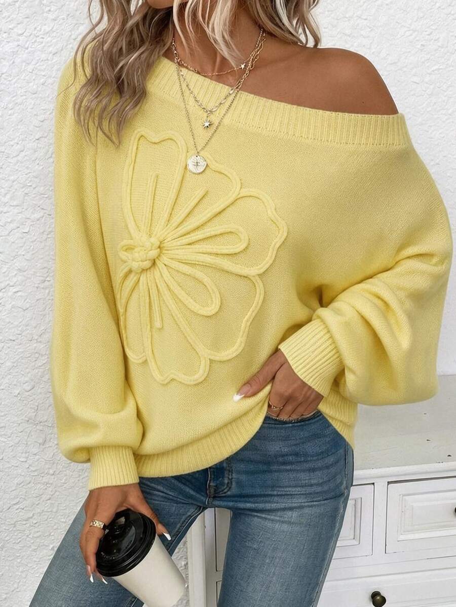 SHEIN VCAY Women's Plus-Size Casual Yet Elegant Pullover Sweater Featuring A 3D Cable-Knit Floral Embellishment Loose Slimming Fit Halloween Soft Yellow Autumn - Yellow - View 1