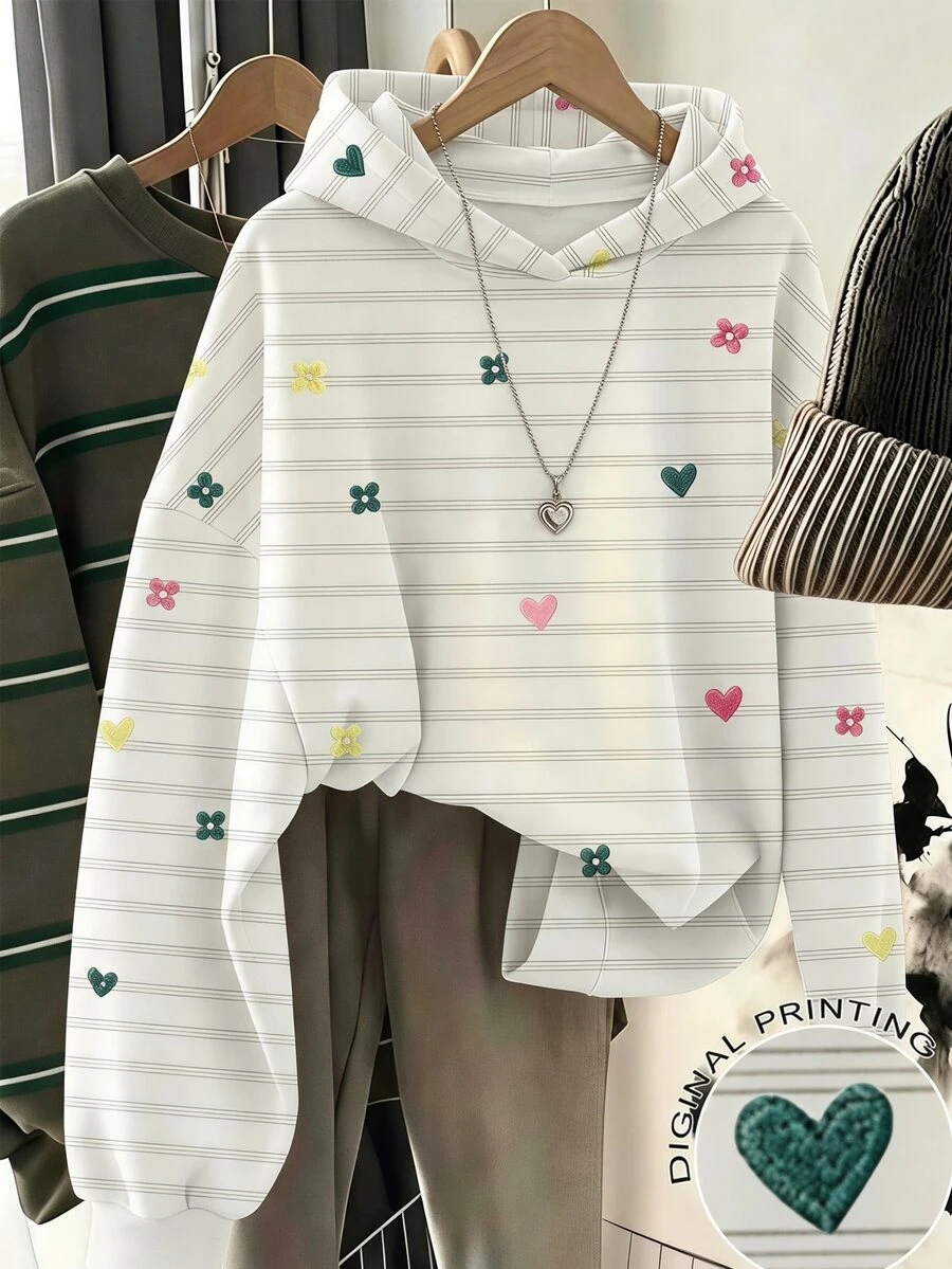 SHEIN Sparklyn Tween女孩休閒街頭風豹紋毛絨帽,五角星豹紋圖案,適合街頭穿搭,黑色女孩衛衣 - 白色 - 查看 1