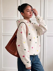 SHEIN Sparklyn Tween女孩休閒街頭風豹紋毛絨帽，五角星豹紋圖案，適合街頭穿搭，黑色女孩衛衣 - 白色 - 查看 3
