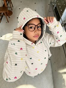 SHEIN Sparklyn Tween女孩休閒街頭風豹紋毛絨帽，五角星豹紋圖案，適合街頭穿搭，黑色女孩衛衣 - 白色 - 查看 2