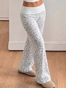 SHEIN Sparklyn 12-16歲青少年女孩豹紋折疊腰寬腿褲，灰色休閒寬鬆喇叭長褲，Y2K 春秋日常校園街頭風 - 淺灰色 - 查看 8