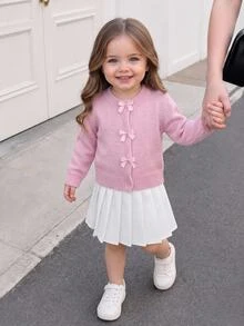 SHEIN Girls' Toddler Autumn/Winter Knitted Cardigan, Fashion New Arrival, Soft Pink Tone, Classic Cute Kawaii Elegant Birthday Party - Dusty Pink - View 2