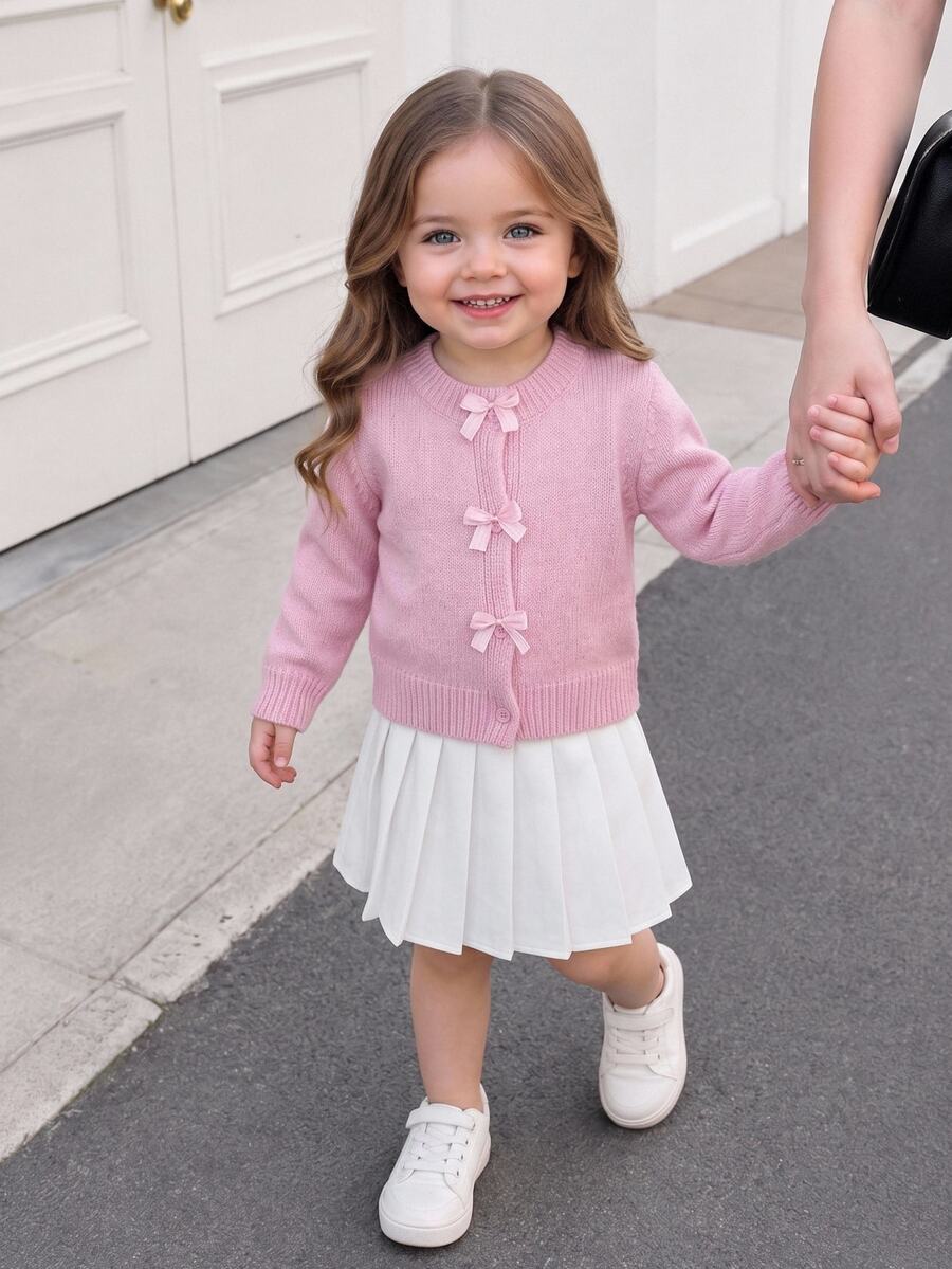 SHEIN Girls' Toddler Autumn/Winter Knitted Cardigan, Fashion New Arrival, Soft Pink Tone, Classic Cute Kawaii Elegant Birthday Party