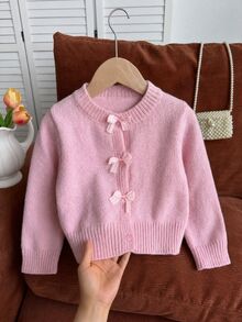 SHEIN Girls' Toddler Autumn/Winter Knitted Cardigan, Fashion New Arrival, Soft Pink Tone, Classic Cute Kawaii Elegant Birthday Party - Dusty Pink - View 7