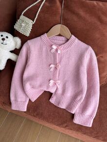 SHEIN Girls' Toddler Autumn/Winter Knitted Cardigan, Fashion New Arrival, Soft Pink Tone, Classic Cute Kawaii Elegant Birthday Party - Dusty Pink - View 9